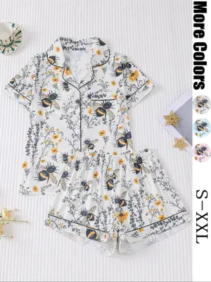 Women's All Over Plants & Bee Print Short Sleeve Pajama Two-piece Set, Elegant Casual Comfy Button Front Chest Pocket Design ...