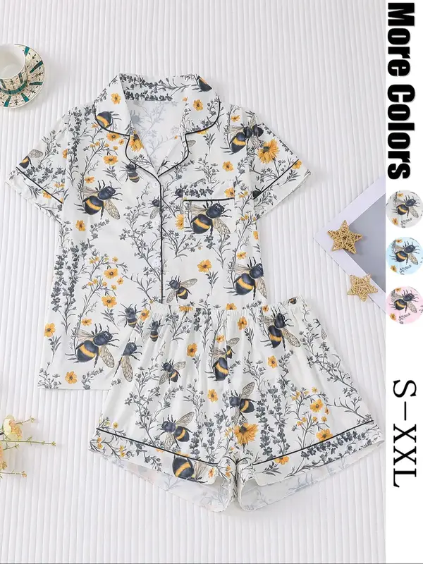 Women's All Over Plants & Bee Print Short Sleeve Pajama Two-piece Set, Elegant Casual Comfy Button Front Chest Pocket Design ...
