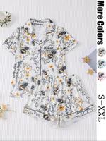 Women's All Over Plants & Bee Print Short Sleeve Pajama Two-piece Set, Elegant Casual Comfy Button Front Chest Pocket Design ...