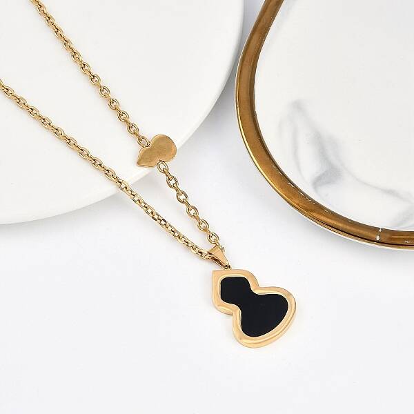 Ion Plating(IP) 304 Stainless Steel Pave Natural Shell Gourd Pendant Cable Chain Necklaces for Women