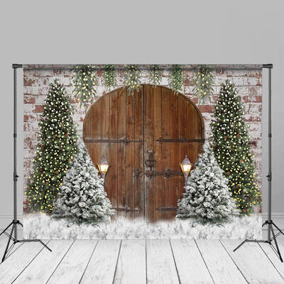 Snow Pine Tree Wooden Door Light Christmas Backdrop - Aperturee