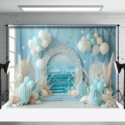 Blue Beach Balloons Summer Backdrop For Cake Smash - Aperturee