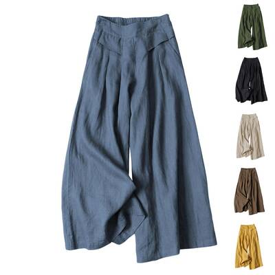 Tanming Women's Cotton Linen Culottes Pants Elastic Waist Wide Leg Palazzo Trousers Capri Pants with Pockets
