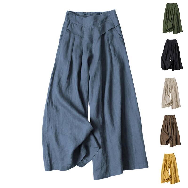 Tanming Women's Cotton Linen Culottes Pants Elastic Waist Wide Leg Palazzo Trousers Capri Pants with Pockets