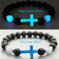 Glow In The Dark Beaded Bracelet Sports Luminous Cross Volcano Stone Beaded Elastic Bracelet for Women Men Energy Healing Bra...