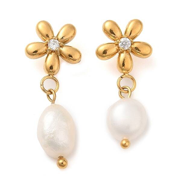 PVD Vacuum Plating 304 Stainless Steel Flower Dangle Stud Earings with Rhinestone