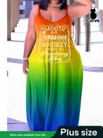 Plus Size Ombre Letter Print Pocket Cami Dress, Casual Sleeveless Spaghetti Strap Long Dress for Summer, Women's Plus Clothin...