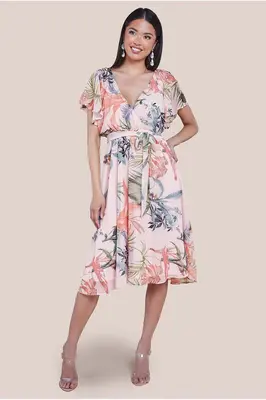 Goddiva Floral Printed Flutter Sleeve Chiffon Midi Dress - Off White