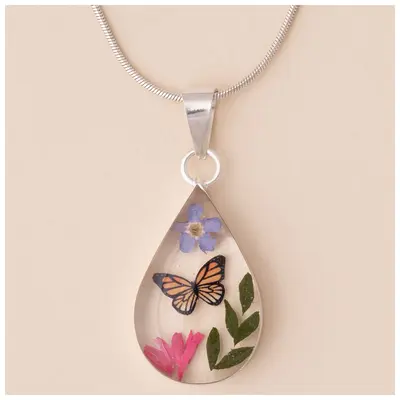 Real Flowers & Sterling Teardrop Necklace - with Sterling Cable Chain