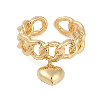 Brass Heart Charm Open Cuff Ring