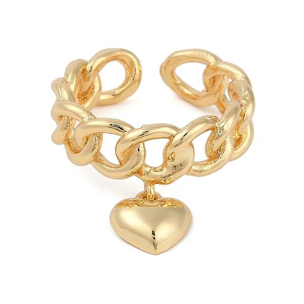 Brass Heart Charm Open Cuff Ring
