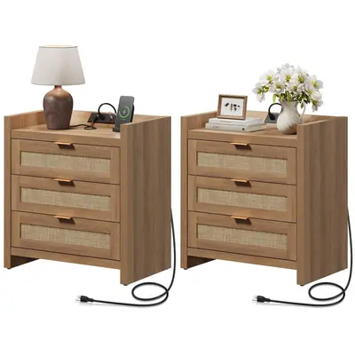 SICOTAS Larger Rattan Night Stand - 15.4D x 24.8W x 26.5H Nightstands with Type-C Charging Station, 3 Rattan Mesh Drawe...