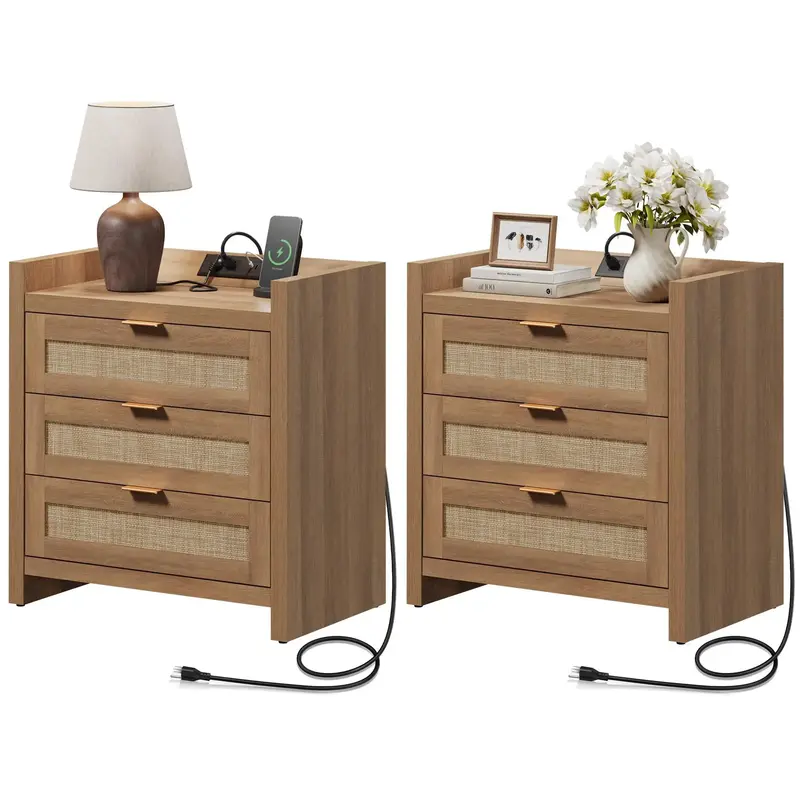 SICOTAS Larger Rattan Night Stand - 15.4D x 24.8W x 26.5H Nightstands with Type-C Charging Station, 3 Rattan Mesh Drawe...