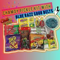 Chamoy Pickle Kit & Hot Cheetos with Blue Razz Sour Belts Variety Snack Pack Candy Kit