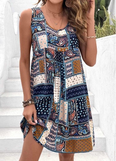 Modlily Multi Color Patchwork Tribal Print Short A Line Dress - M