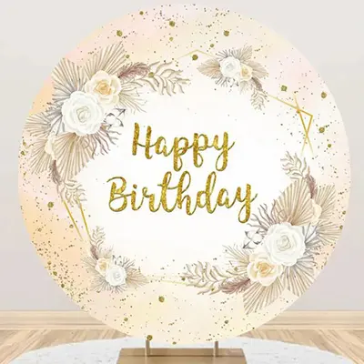 Round Boho Glitter Floral Happy Birthday Backdrop - Aperturee