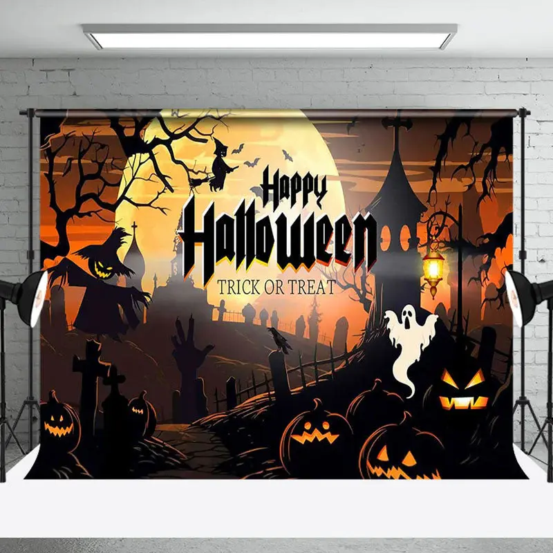 Pumpkins Ghosts Witch Cemetery Halloween Backdrop