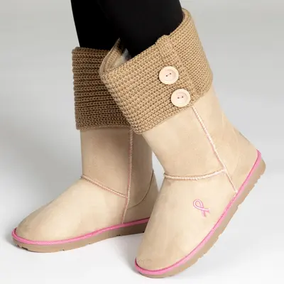 Pink Ribbon Womens Knit Boots | Breast Cancer Boots For Women - Tan - 6