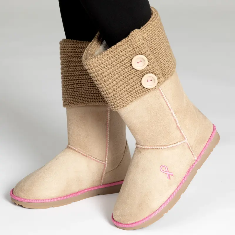 Pink Ribbon Womens Knit Boots | Breast Cancer Boots For Women - Tan - 6