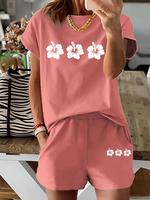 Two-Piece Set Women's Floral Print Tee & Shorts, Casual Short Sleeve T-shirt & Shorts for Summer, Ladies Clothes for Daily We...