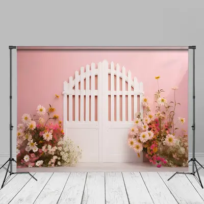 Pink Wall White Gate Floral Wedding Photo Backdrop - Aperturee