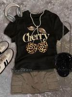 Women's Cherry & Leopard Print Round Neck Tee, Fashion Casual Crew Neck T-Shirt for Daily Holiday Vacation Outdoor Wear, Ladi...