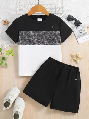 Toddler Boy's Letter Print Patchwork Short Sleeve T-shirt Tee & Elastic Waist Shorts Set, Casual Summer Outfits Clothes for K...