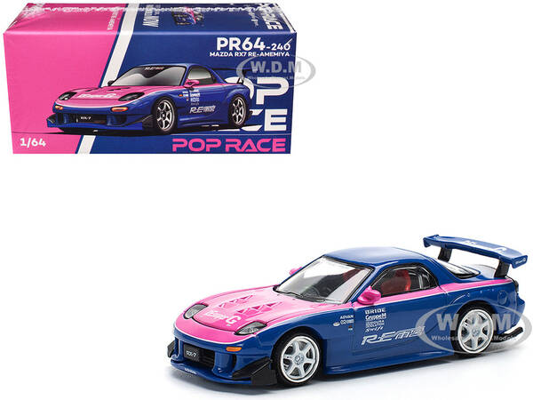 Mazda RX-7 RE-Amemiya Widebody RHD (Right Hand Drive) Blue with Pink Hood and Stripes 1/64 Diecast Model Car by Pop Race