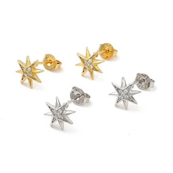 Rack Plating Brass Micro Pave Clear Cubic Zirconia Star Stud Earrings