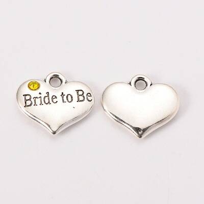 Wedding Theme Antique Silver Tone Tibetan Style Heart with Bride to Be Rhinestone Charms