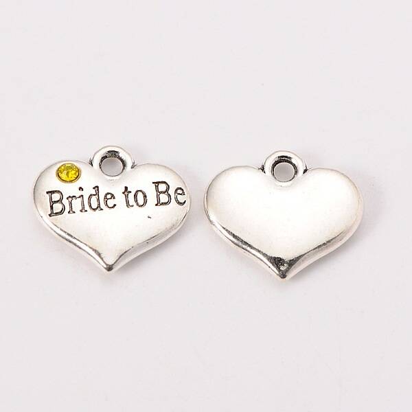 Wedding Theme Antique Silver Tone Tibetan Style Heart with Bride to Be Rhinestone Charms