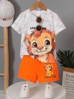 Toddler Boy's Cartoon Lion Print Short Sleeve Tee & Elastic Waist Shorts Two-piece Set, Cute Round Neck T-shirt & Shorts for ...