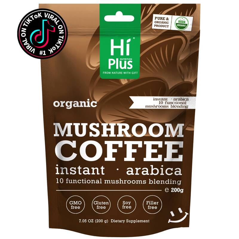 HiPlus Superfoods Mushroom Coffee USDA Organic with 10 Adaptogenic Mushrooms and MCT Oil, USA Grown Instant Coffee for B