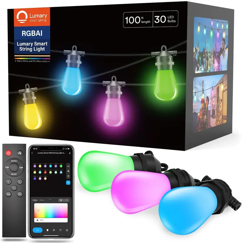Lumary RGBAI Wi-Fi & Bluetooth Outdoor Bulb String Lights 100ft 30 LED Bulbs
