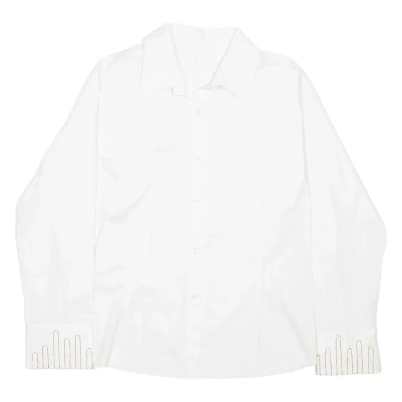 Embroidered Gold Cuff Detail Plain Shirt White 90s Long Sleeve Womens XL