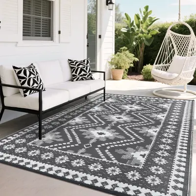Garvee Gray Outdoor Reversible Plastic Woven Rug – Waterproof, UV Resistant Area Mat – Easy Clean, Vintage Diamond Design...