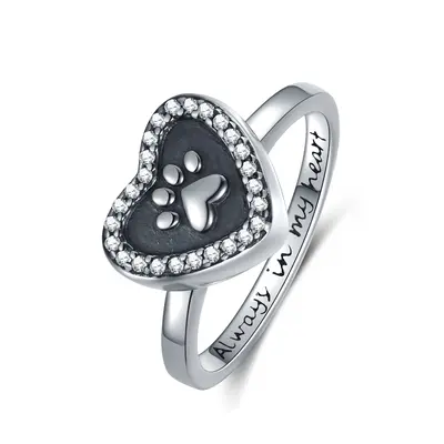 Sterling Silver Round Shaped Cubic Zirconia Paw & Heart Urn Ring with Engraved Word