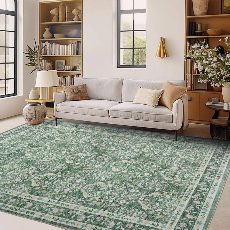 Garvee Washable Area Rug Soft Low Pile Distressed Vintage Indoor Carpet for Living Room Bedroom Dining Room Home Decor