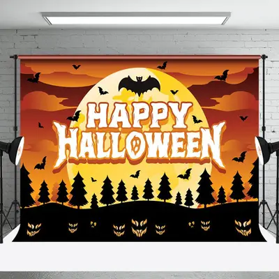 Terrifying Night of Bats Moon Happy Halloween Backdrop