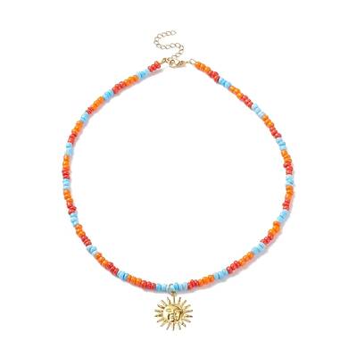 Brass Sun Pendant Necklace with Glass Seed Beaded for Women