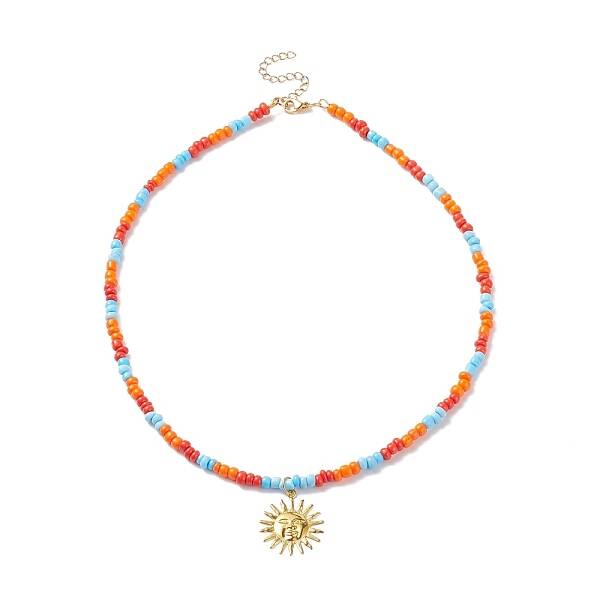 Brass Sun Pendant Necklace with Glass Seed Beaded for Women