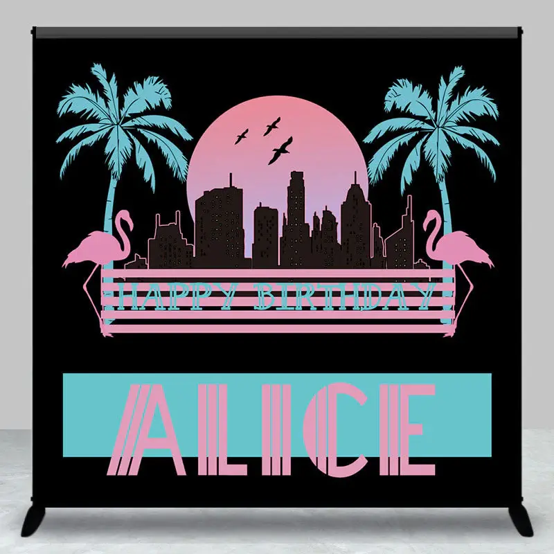 Flamingo Trees Moon Custom Name Birthday Backdrop
