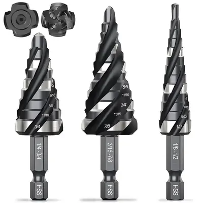 ćFall Deals For YoućTHINKWORK Four Spiral Flute Step Drill Bit Set, 3 Pcs HSS Step Drill Bits with Tool Box, 1/4 Shank ...