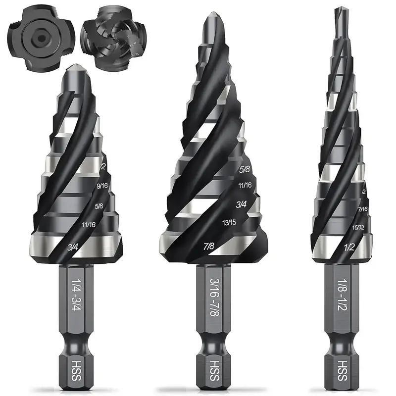 【Fall Deals For You】THINKWORK Four Spiral Flute Step Drill Bit Set, 3 Pcs HSS Step Drill Bits with Tool Box, 1/4 Shank ...
