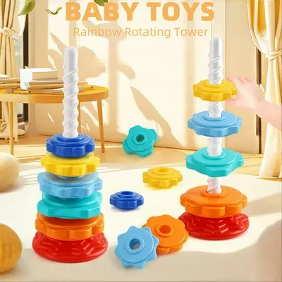 Baby Spinning Stacking Toys for Toddlers 1-3, Rainbow Ring Stacker Montessori Toys for Babies 6-12 Months, 1 2 3 One Year Old...