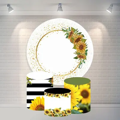 Aperturee Gold Glitter Sunflower Round Happy Birthday Backdrop | Round Backdrop Cover Diy | Round Backdrop Fabric Cover | Rou...