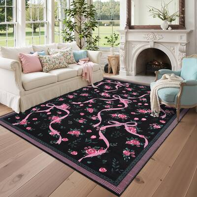 Garvee Washable Floral Area Rug 5'x7' Non-Slip Stain-Resistant Polyester Low-Pile Foldable Living Room Bedroom Nursery