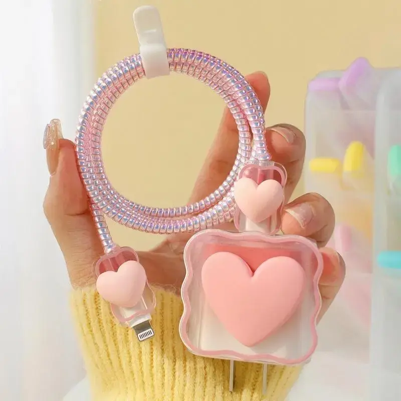 Heart Design Cellphone Charging Cable Protective Cover, Anti-breaking Spiral Smartphone Charger Cable Protector For iPhone 18...