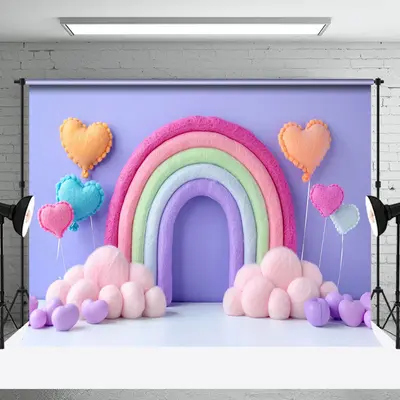 Plush Rainbow Balloons Purple Cake Smash Backdrop