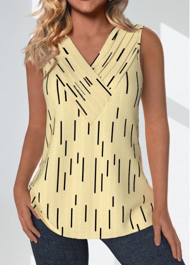 Modlily Light Yellow Surplice Geometric Print Sleeveless Tank Top - XL